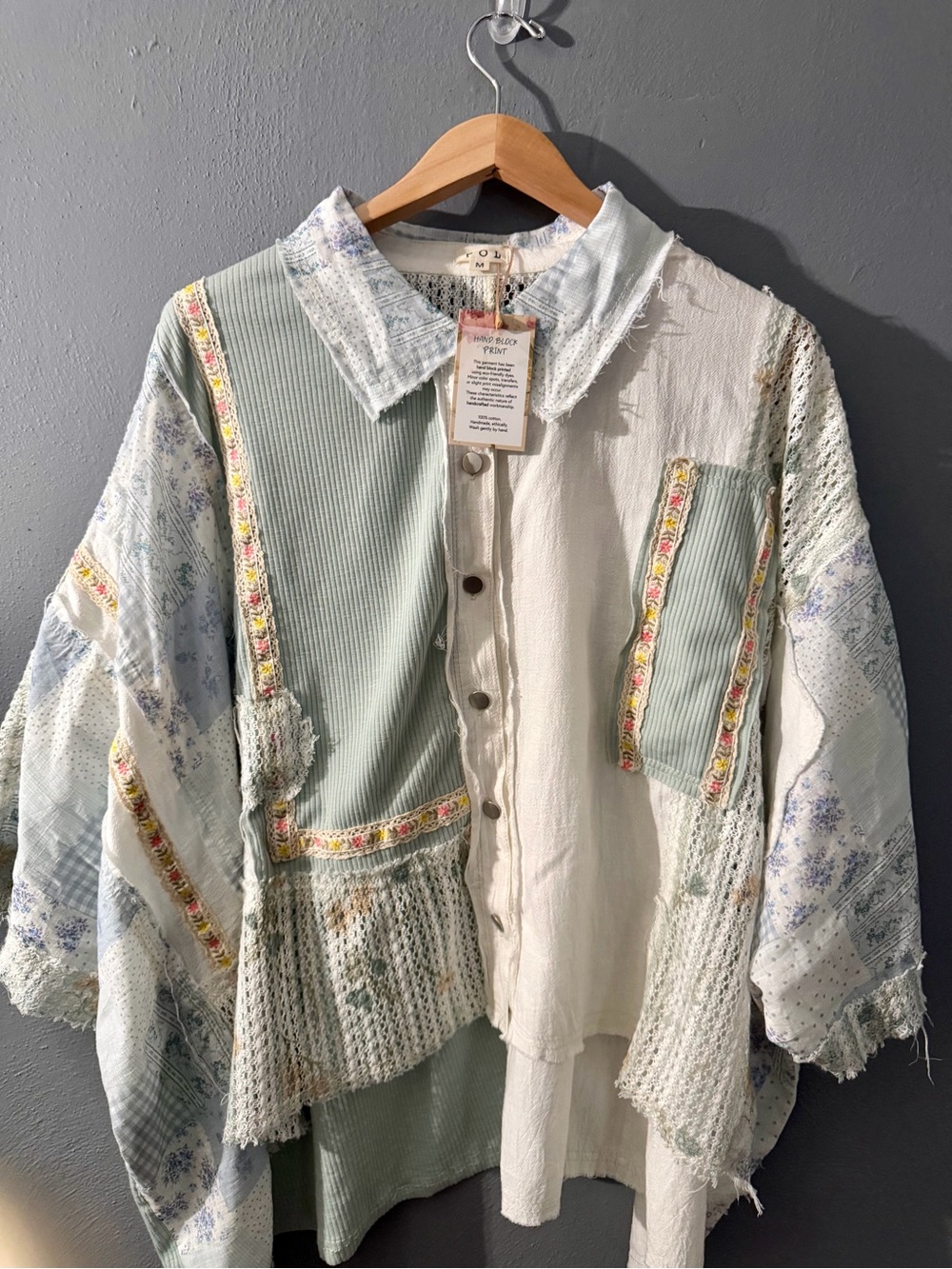 POL Patchwork Button-Down High Low Shirt in Light Green & Cream